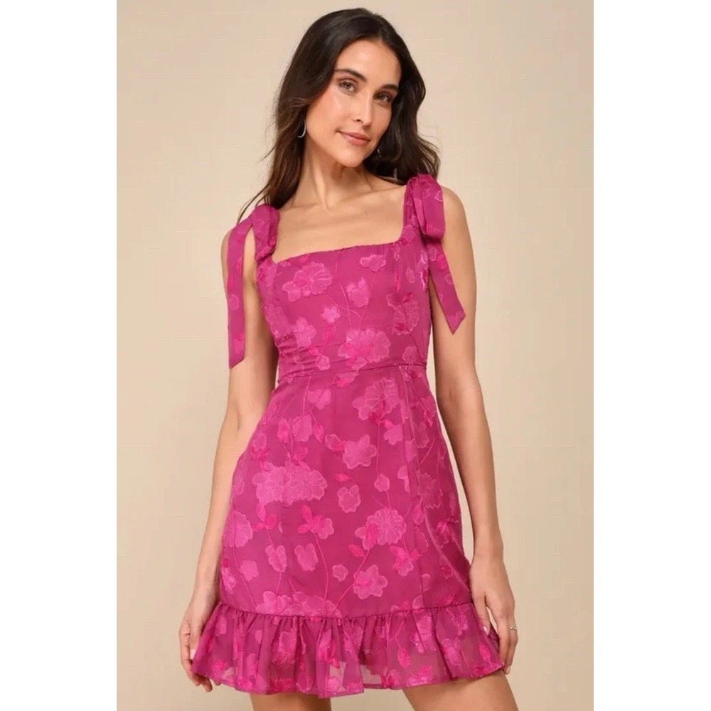 Lulus Womens Sleeveless Magenta Floral Embroidered Tie-Strap Mini Dress‎ Large